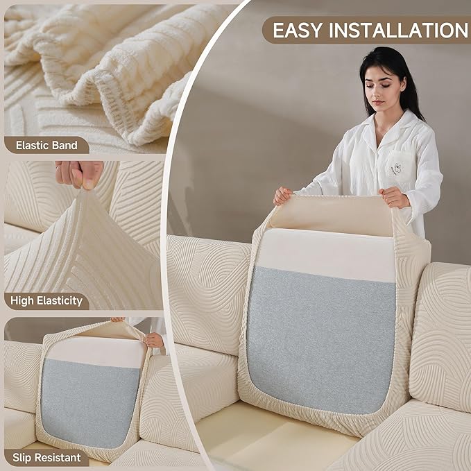 Couch Cushion Covers for Sectional and L Shaped Sofa, Stretch Soft Sofa Covers Washable Wear Resistant Slipcovers Furniture Protector Pet-Friendly (1PC Large Sofa Cover, Ivory)
