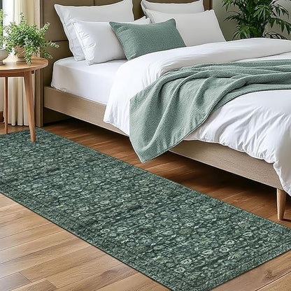 Vintage Floral 2x7 Runner Rug, Dark Green Washable Kitchen Runner Rug Non-Slip Hallway Rug Runner Boho Super Soft Thin Printed Faux Wool Carpet for Entryway Bedroom Laundry Room Indoor