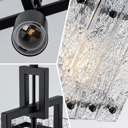 Black Glass Pendant Lights Kitchen Island, Modern Pendant Light Fixtures with Water Ripple Glass Square Pendant Lighting for Dining Room Kitchen Island
