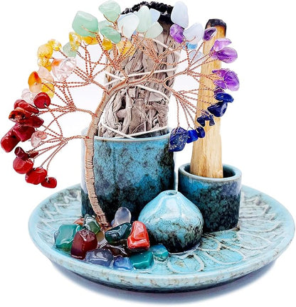 5 in 1 Incense Burner Holder with Crystal Healing Tree, Palo Santo Holder, Sage Holder, Incense Holder for Sticks/Cones/Candles, Ceramic Tray Ash Catcher for Burning Incense, Meditation Gift