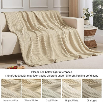 PHF 100% Cotton Waffle & Muslin Blanket Twin Size, Soft Breathable Luxury 400GSM Versatile Reversible Bedding for Bed, Great for Layering in Cold Weather, Home Decor Gift, 66" x 90", French Oak