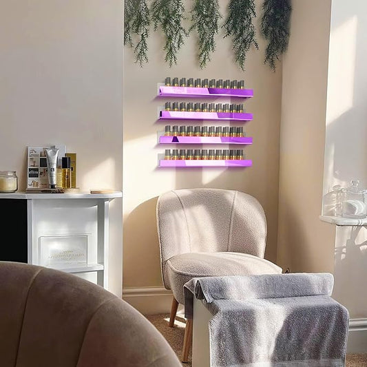 4 Pack 15 Inch Purple Reflective Acrylic Shelves, Purple Floating Shelves, Modern Sunglasses Essential Oil Picture Ledge Display Toy Storage Shelf