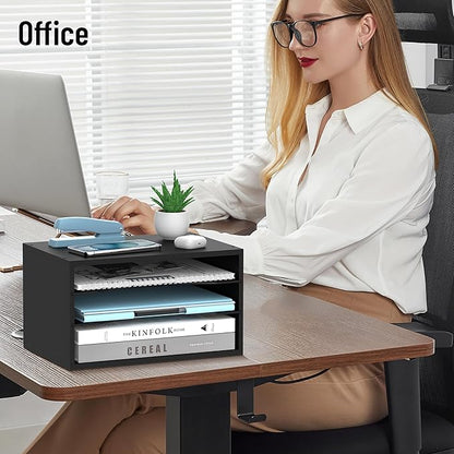 Wood Desk Organizer, 3 Tier Paper Tray Organizer for Desk with Adjustable Storage Shelves, Printer Stand Desktop File Organization Paper Sorter Mail Holder for Office Home Classroom, Black