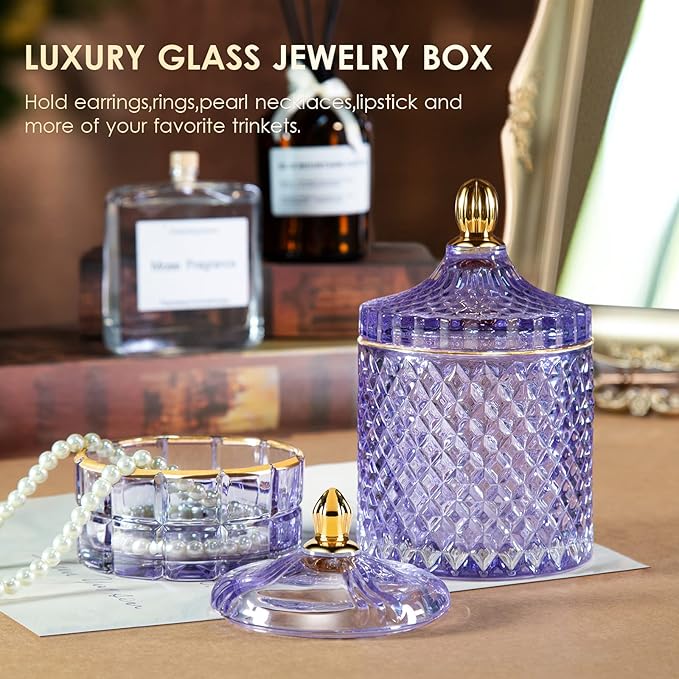 Candy Dish Glass Cookie Jar with Lid Candy Bowl for Office Desk Decor, Apothecary Jars Purple Bathroom Accessories Cute Room Decor Aesthetic, Q Tip Holder Decorative Glass Jewelry Box (20oz)