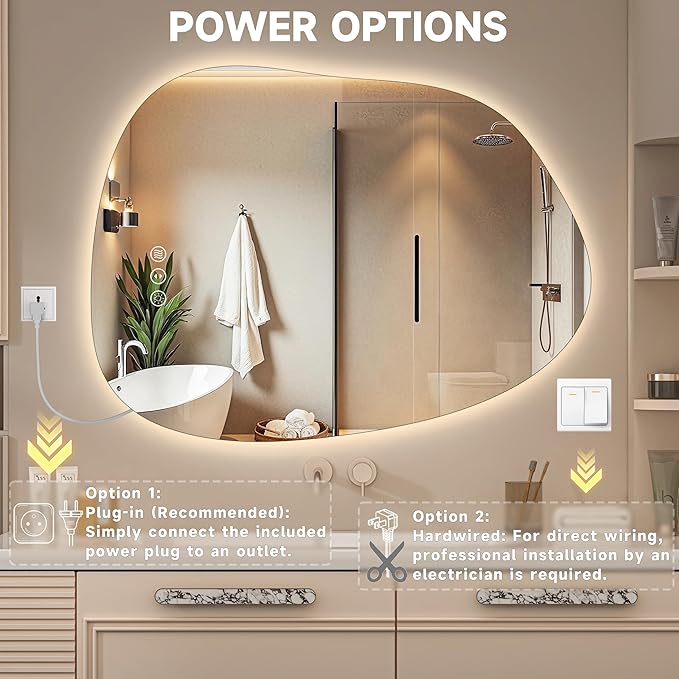 Hasipu Irregular Wall Mirror with Lights- 25"x19"Smart Vanity Mirror with Anti-Fog, 3 Color Modes,Dimmable Light, Memory Function, Backlit Wall Mount, Horizontal/Vertical