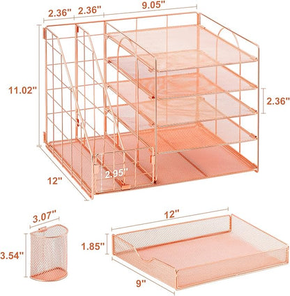 Marbrasse Rose Gold Desk Organizer with File Holder, 5-Tier Paper Letter Tray Organizer and Drawer, Mesh Desktop Storage with Magazine Holder for Office Supplies