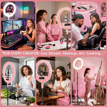 22" Large Ring Light with Stand,Foldable LED Big Ring Light Tripod for iPhone Phone Ipad, 75" Tall Tripod Touch Screen,Wireless Remote for Live Stream,YouTube,TikTok Video Shooting Pink