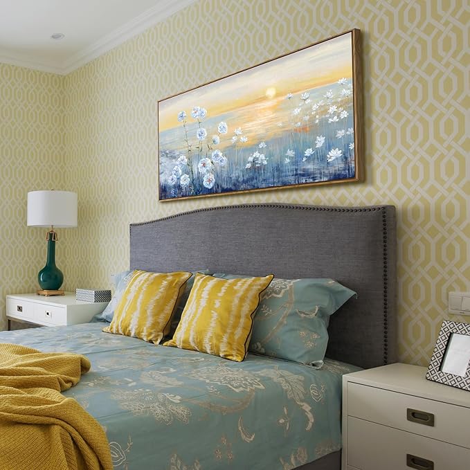 Framed Wall Art for Living Room Blue Ocean Beach Sunset Seascape Painting Abstract Coastal Flowers Canvas Print Seaside White Wildflowers Picture Sunrise Yellow Orange Sky Nature Landscape 24x48inch