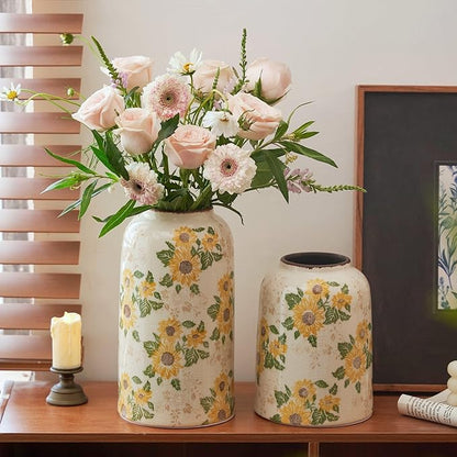 Vintage Pastoral Ceramic Vase, 10.6 inch Yellow and Beige Sunflower Floral Rustic Farmhouse Antique Retro Ice Cracked Chinoiserie Vases for Home Decor Living Room Tuscan Decor (Large)