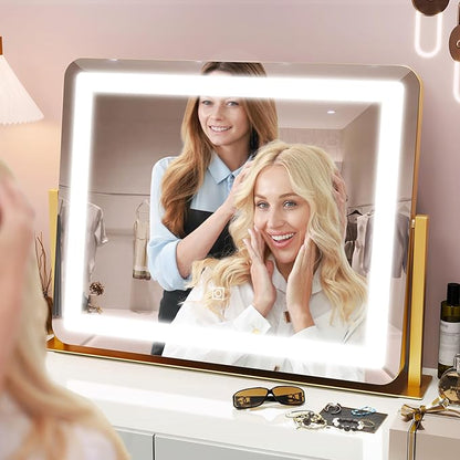 HNV Gold Vanity Makeup Mirror with Lights, 22"x17" Large Lighted Vanity Mirror, Dimmable LED with 3 Color Touch Lighting, Tabletop Mirror for Desk or Bedroom, 360° Rotation