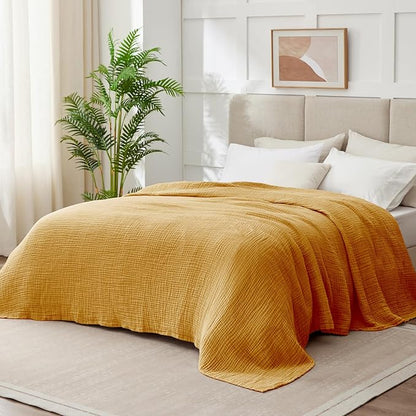 100% Cotton Muslin Blanket King 108" x 90", 6 Layers Breathable and Lightweight Cotton Throw Blankets for Bed, Soft Cooling Summer Gauze Blanket for Adults All Season, Mustard
