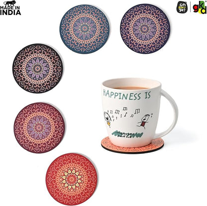 GKD Coaster Set of 6 Beautiful Wooden Coasters with Proper Coaster Stand Designer Set fit for Tea Cups, Coffee Mugs and Glasses (6 pc Round 3.5 x 3.5 inch) Multi Color