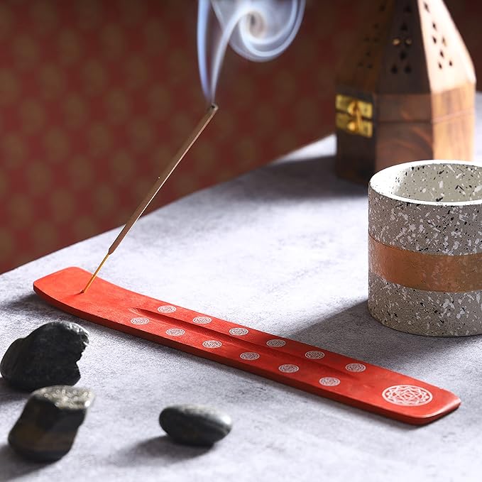 Bless-International Traditional-Handmade-Burner Wooden-Incense-Stick-Holder Ash-Catcher-Stand for-Aromatherapy-Meditation-Yoga (Fire Red) 10 Inches, Pack of 1