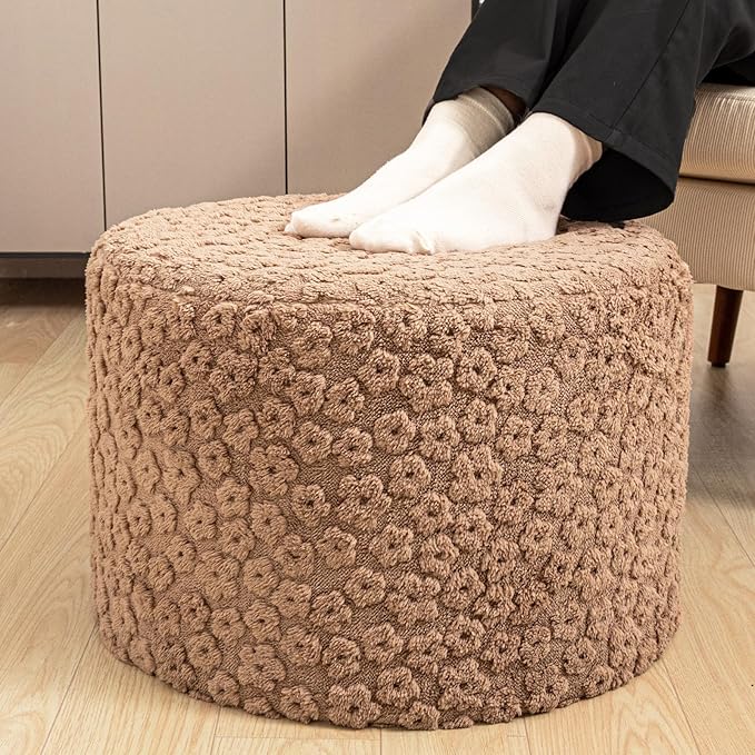Round Plush Stuffed Ottoman Pouf - Ultra-Soft Furry Ottoman Foot Rest with High-Density Foam Filling, 20" x 14" Multi-Functional Floor Pouf for Living Room