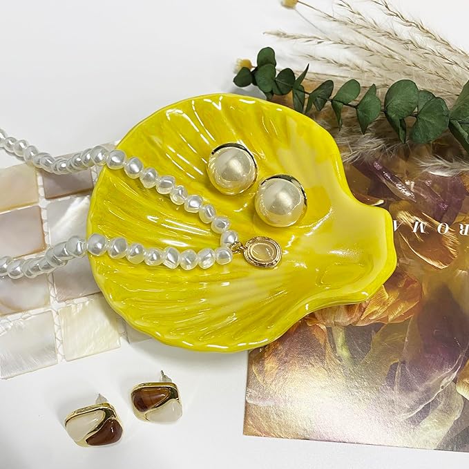 Shell Trinket Dish, Ceramic Jewelry Dish Trinket Tray, Cute Jewelry Organizer Plate for Jewelry, Earring Seashell Jewelry Ring Holder, 3.9", Bright Yellow Iridescent Surface