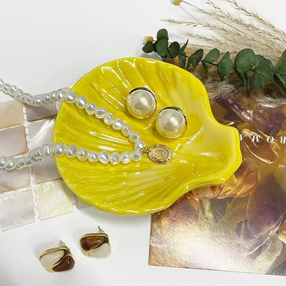 Shell Trinket Dish, Ceramic Jewelry Dish Trinket Tray, Cute Jewelry Organizer Plate for Jewelry, Earring Seashell Jewelry Ring Holder, 3.9", Bright Yellow Iridescent Surface