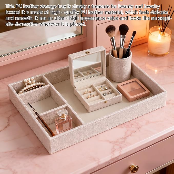 Desktop Storage Organizer, Nightstand or Dresser Organizer, Valet Tray, Entry Table Organizer, 4 Compartments,PU Leather Drawer Storage Organizer Decorative Trays. (Pearl White—2)