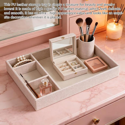 Desktop Storage Organizer, Nightstand or Dresser Organizer, Valet Tray, Entry Table Organizer, 4 Compartments,PU Leather Drawer Storage Organizer Decorative Trays. (Pearl White—2)
