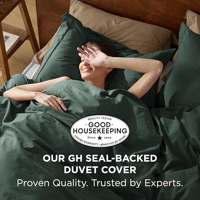 Bedsure 100% Washed Cotton Duvet Cover Queen Size - Forest Green Minimalist Cotton Duvet Cover Linen Like for All Seasons - GentleSoft™ Plain Simple Bedding (Forest Green, Queen, 90"x90")