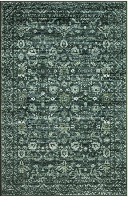 Vintage Floral 6x9 Rug, Dark Green Washable Area Rug for Bedroom, Non Slip Living Room Rug Thin Printed Faux Wool Super Soft Floor Carpet for Nursery Playroom Dining Room Indoor Office