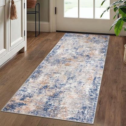 Modern Abstract Runner Rug 2x5, Grey Blue Orange Multi Washable Kitchen Runner Entryway Rug Mat Non-Slip Soft Hallway Rug Runner Thin Print Faux Wool Carpet for Bedroom Laundry Room Indoor