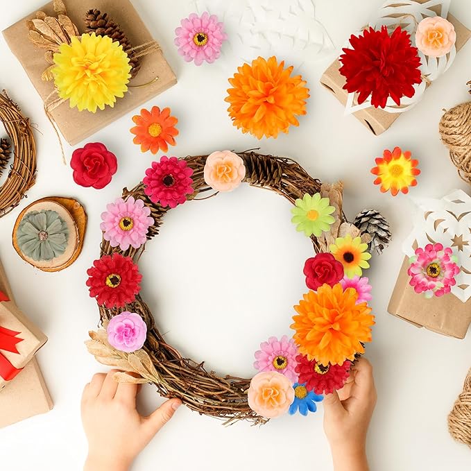 210Pcs Mini Silk Flower Heads Small Fake Mums Rose Faux Flowers Bulk for Crafts Artificial Loose Fabric Flowers Heads Sunflower Bulk for Wedding Hair Cap Dresses Fall Home Decorations (Orange)