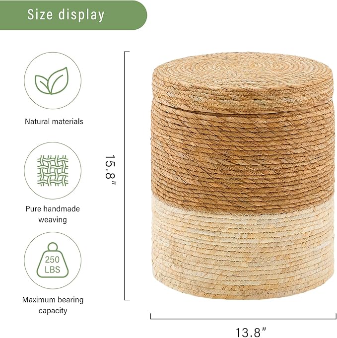 Wimarsbon Round Pouf Ottomans, Handwoven Natural Water Hyacinth Seagrass Pouffe,Outdoor Rattan Stool Accent Seat, Bohemian Coastal Home Decor (Storage - 14inch Natural Cattail & White Corn Shell)