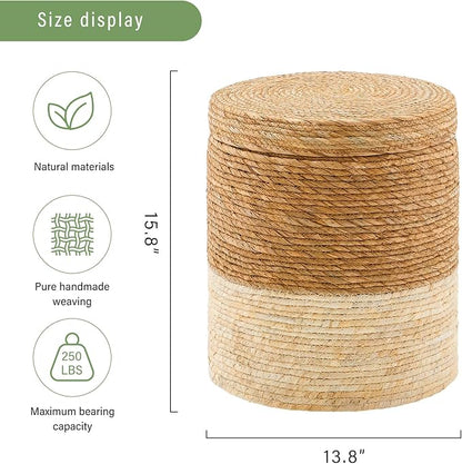 Wimarsbon Round Pouf Ottomans, Handwoven Natural Water Hyacinth Seagrass Pouffe,Outdoor Rattan Stool Accent Seat, Bohemian Coastal Home Decor (Storage - 14inch Natural Cattail & White Corn Shell)
