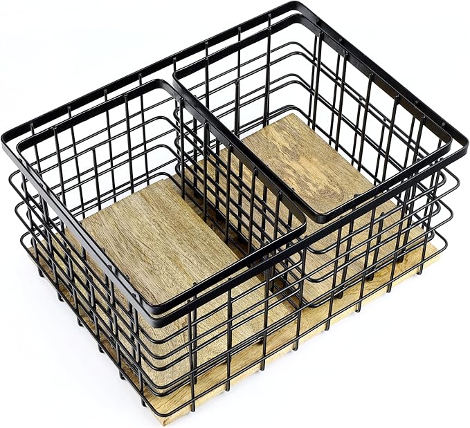 happimess BSK3004A-3SET Evvie Vintage Farmhouse Wire Metal Nesting Storage Baskets with Wood Base for Shelves, Cabinets, Pantry, Countertop, Mesh Open Bin Basket, Black/Natural (Set of 3)