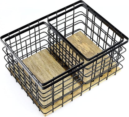 happimess BSK3004A-3SET Evvie Vintage Farmhouse Wire Metal Nesting Storage Baskets with Wood Base for Shelves, Cabinets, Pantry, Countertop, Mesh Open Bin Basket, Black/Natural (Set of 3)