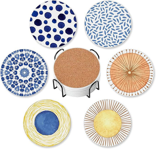 Drink Coasters for Drinks Set of 6,Blue Watercolor Series Absorbent Round Ceramic Stone Mat Coaster,with Cork Base and Metal Holder,Home Bar Decor House Warming Gift