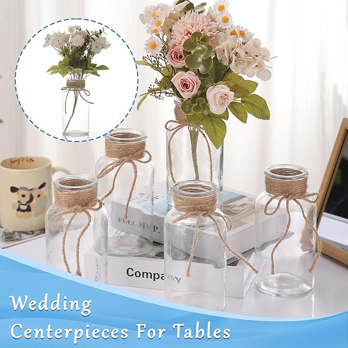 6PCS Transparent Glass Flower Vases for Centerpieces Boho Cylinder Bud Vases in Bulk Mason Jars for Weddings, Parties & Vintage Home Decor(Transparent 6)