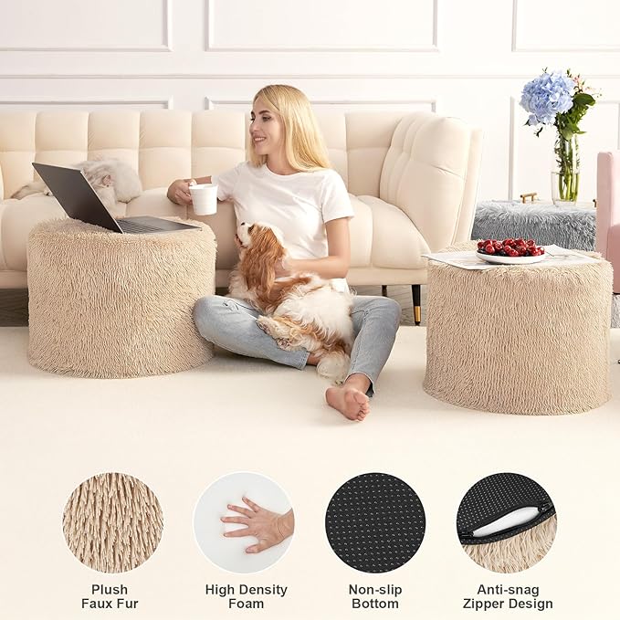 Hansleep Pouf Ottoman Foam Filled 20 x 15, Faux Fur Round Ottoman Foot Rest for Chair with Washable Cover, Foot Stools Under Desk for Living Room & Bedroom, Brown