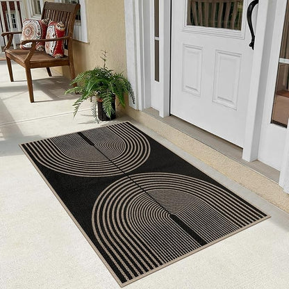 Easy Jute Rainbow Entryway Rug, 2.6x4 Black Washable Non-Slip Indoor Outdoor Doormat, Boho Farmhouse Neutral Kitchen Rug Modern Abstract Throw Rugs for Entrance Bedroom Bathroom