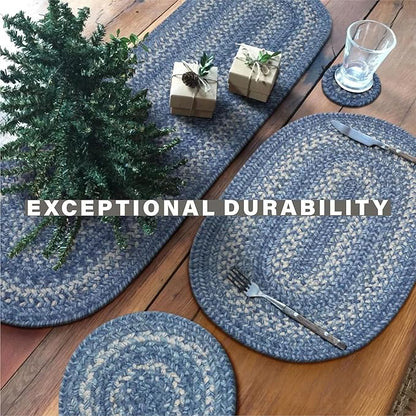 Homespice Denim Jute Braided Small Table Runners, Coastal Country Decor, Set of 2, Blue Rectangle 8x28 - Rich Colors, Easy to Clean, Durable and Protects Furniture