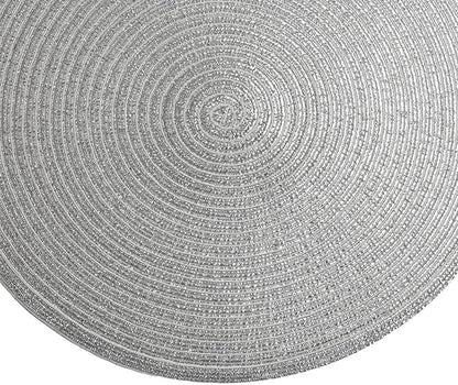 SHACOS Christmas Glitter Silver Placemats Set of 8 Sparkle Bling 15 inch Round Braided Table Mats Washable Place Mats for Dining Table Home Table Decor (Silver, 8)