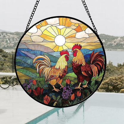 Stained Glass Window Hanging, Countryside Scenery Chicken Sun Catcher for Door Home Decor Sunrise Suncatcher Christmas Mother's Day Birthday Gifts for Women Men Mom Nana 15 in