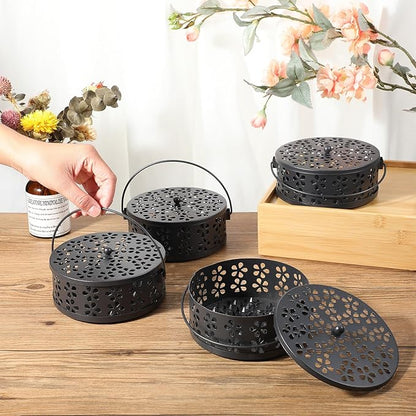 4 Pcs Mosquito Coil Holder Incense Coil Holder, Retro Iron Portable Hanging Outdoor Incense Burner Holder with Handle Round Metal Incense Holder for Home Camping Indoor Outdoor Patio (Black)