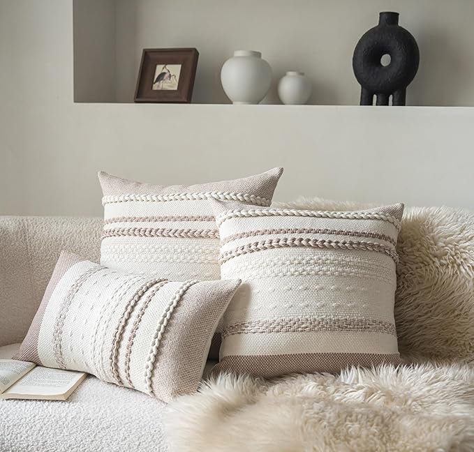 Boho Throw Pillow Covers 12x20 Inch Set of 2, Khaki Textured Decorative Couch Pillow Cases for Farmhouse Home Decor, Accent Cushion Cover for Sofa, Bed, Living Room, Bedroom