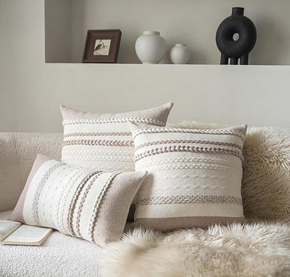 Boho Throw Pillow Covers 12x20 Inch Set of 2, Khaki Textured Decorative Couch Pillow Cases for Farmhouse Home Decor, Accent Cushion Cover for Sofa, Bed, Living Room, Bedroom