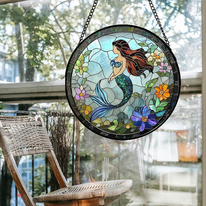 Stained Glass Window Hanging - Light Blue Mermaid Suncatcher for Door Terrace Garden Home Decor, Ocean Flowers Sun Catcher Birthday Gifts for Lovers Women Men Dad Mom Nana 7.8 in