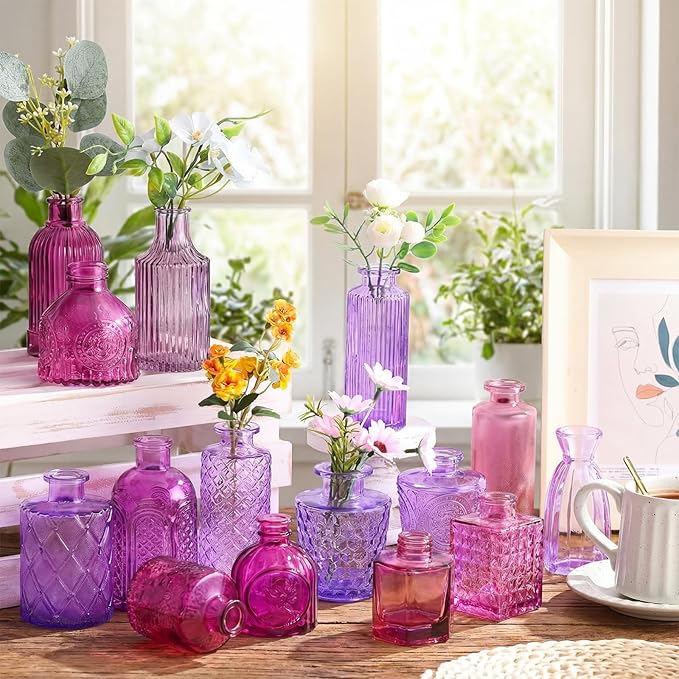 Yaomiao 60 Pcs Vases Bulk Colored Flower Glass Vases Bud Vintage Colored Glass Bottles Colorful Rustic Embossed for Home Wedding Table Decorations Gifts (Pink Series)