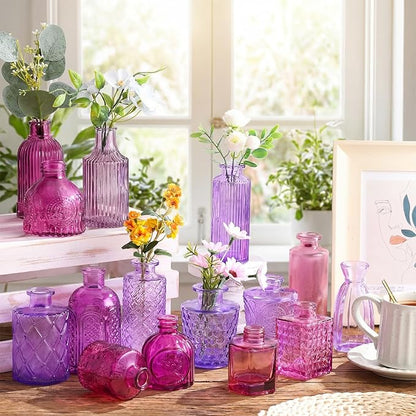 Yaomiao 60 Pcs Vases Bulk Colored Flower Glass Vases Bud Vintage Colored Glass Bottles Colorful Rustic Embossed for Home Wedding Table Decorations Gifts (Pink Series)