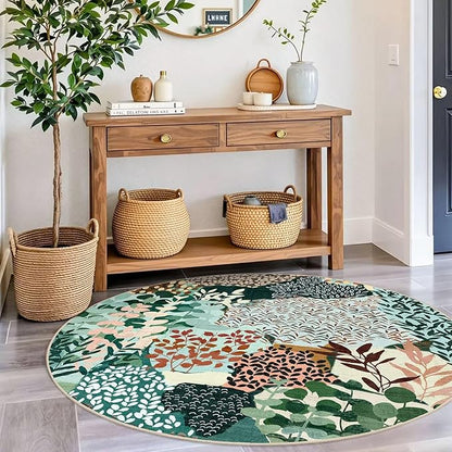 DEXDE Round Rug 4ft Washable Circle Area Rugs, Non Slip Low Pile Boho Floral Small Circular Carpet for Bedroom Bathroom Entryway Kids Room Office Dining Room, Dark Green