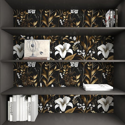White Floral Wallpaper Peel and Stick, Black Gold Vintage Contact Paper, Dark Golden Botanical Wall Paper Self Adhesive Removable Waterproof for Bedroom Cabinet Drawer Table Decor 17.5" x 118"