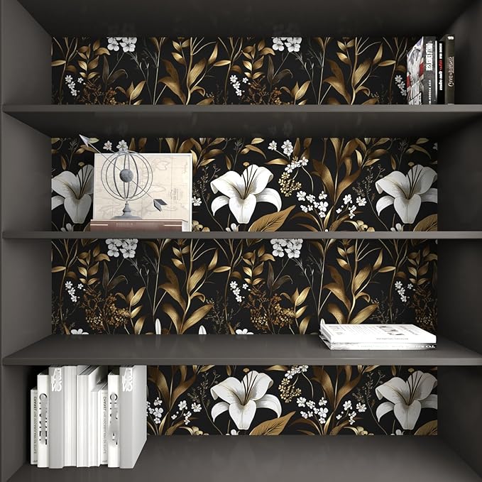 Black White Floral Wallpaper Peel and Stick, Dark Gold Vintage Contact Paper 17.5" x 393", Golden Botanical Wall Paper Self Adhesive Removable Waterproof for Bedroom Cabinet Drawer Table Decor