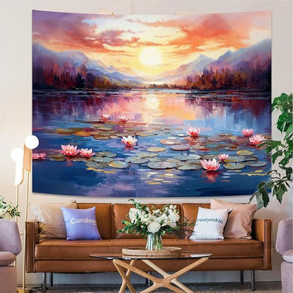 kampdream Landscape Tapestry, Scenery Art Wall Tapestries, Nature Wall Decor for Bedroom Living Room Backdrop Sunset Pond Lotus 44×60 inches