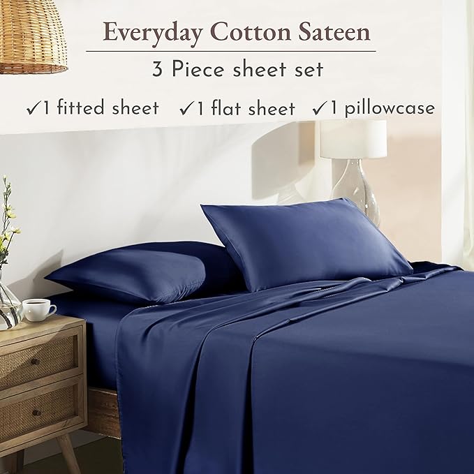 California Design Den Twin Bed Sheets Set - Natural 100% Cotton Sheets with Deep Pockets, Soft Sateen Weave, Breathable and Durable Bedding Set for Dorm Rooms, College (Navy Blue)