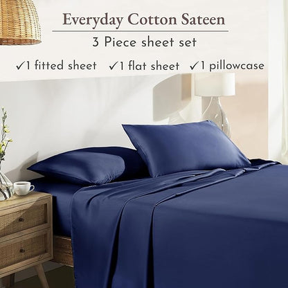 California Design Den XL Twin Sheets Set - Natural 100% Cotton Sheets with Deep Pockets, Soft Sateen Weave, Breathable and Durable Bedding Set for Dorm Rooms, College (Navy Blue)