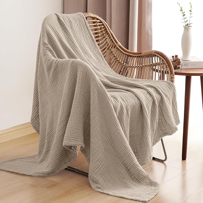 PHF 100% Cotton Muslin Throw XL Blanket Large 50" x 70", 4-Layer Lightweight Gauze Throw, Breathable Cloud-Soft Minimalist Blanket for Bed, Couch, Camping & Baby, Taupe, Ideal Gift